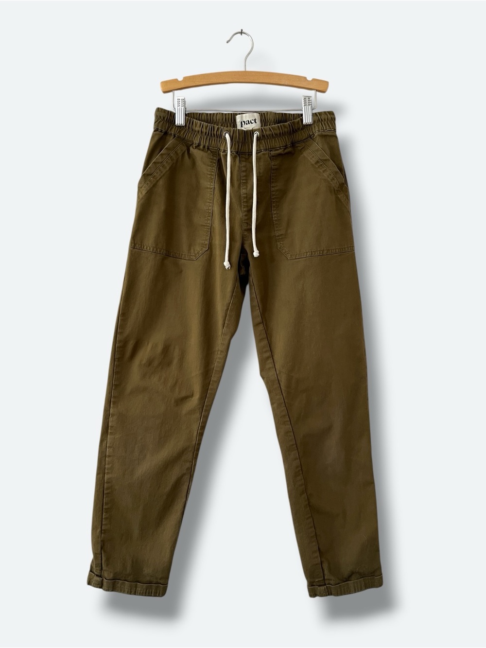 PACT Organic Cotton Twill Utility Pants Womens S Olive Green Drawstring Tapered